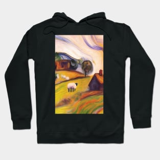 colourful oil painting of a farm with sheep Hoodie